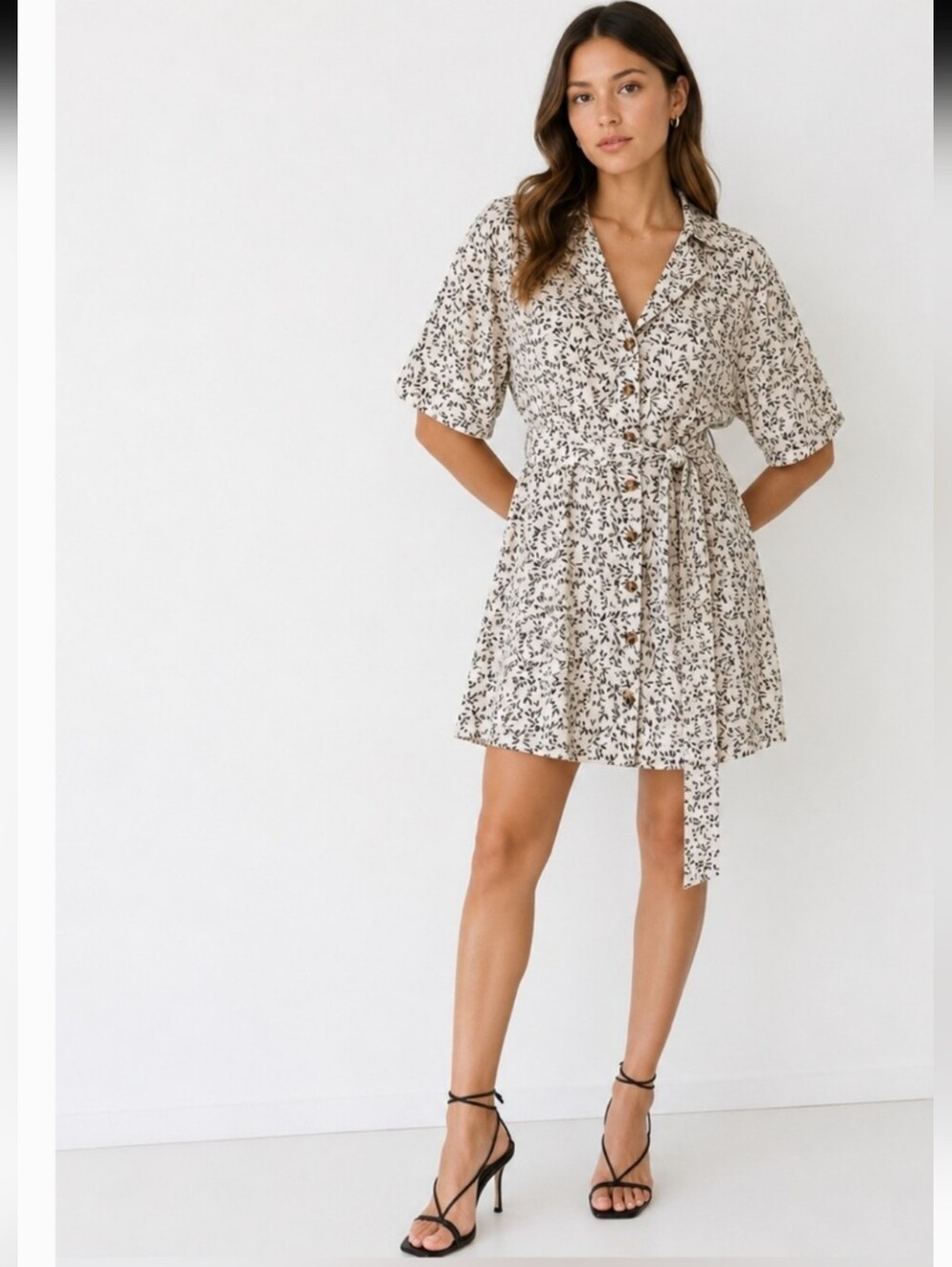 NWT H&M Tie Belt Button Down Shirt Dress Cream And Black Botanical Size XL